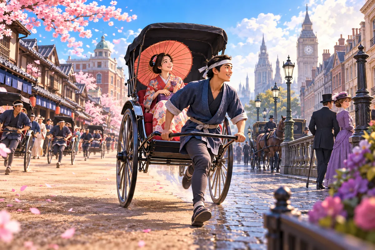 東京府内の人力車は1872年2月に1万1040両、1876年には2万4470両に増えた（世界大百科事典）