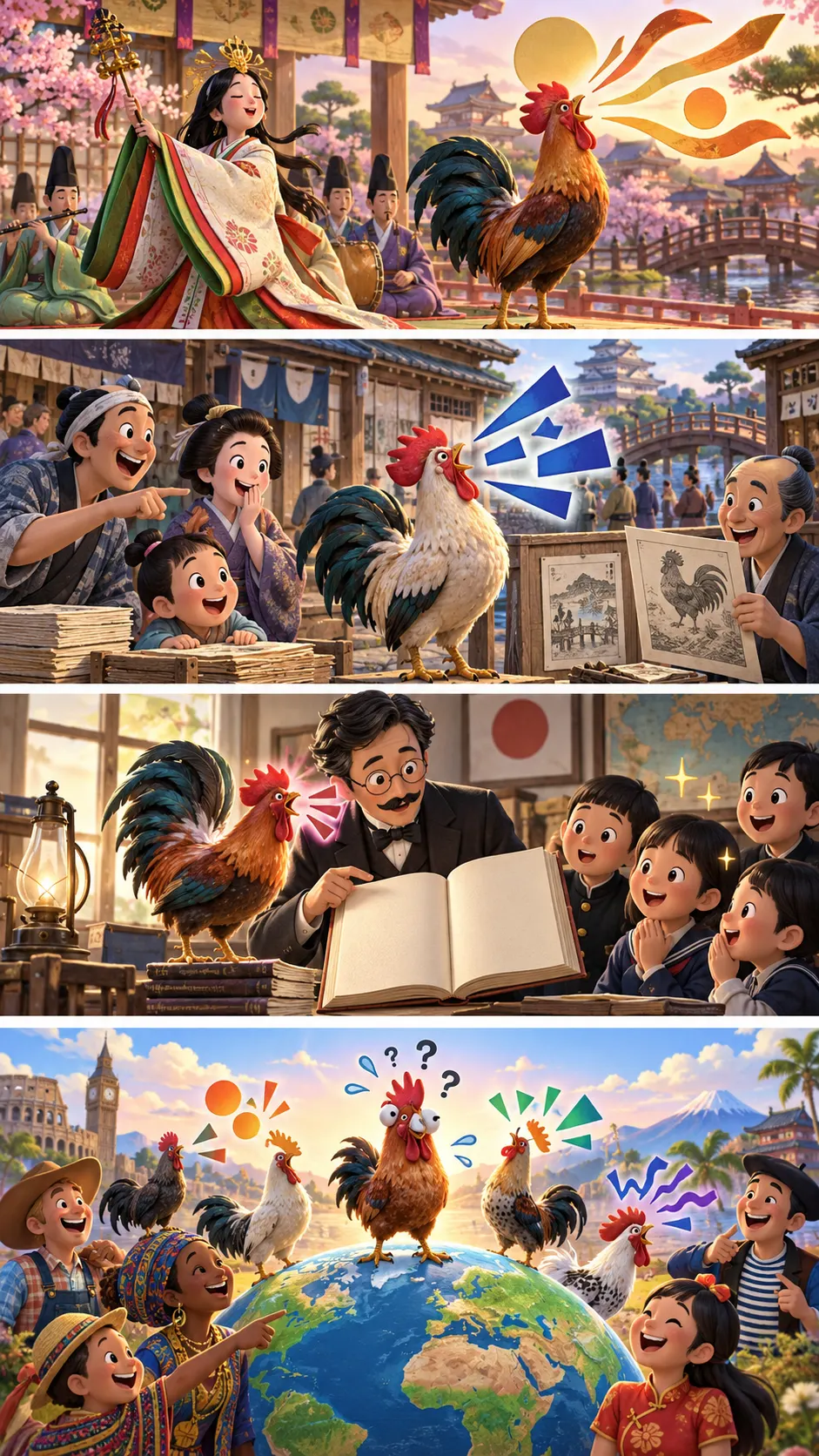 ニワトリの声、平安時代は「カケロ」、江戸時代は「トーテンコー」と書かれたの4コマ漫画