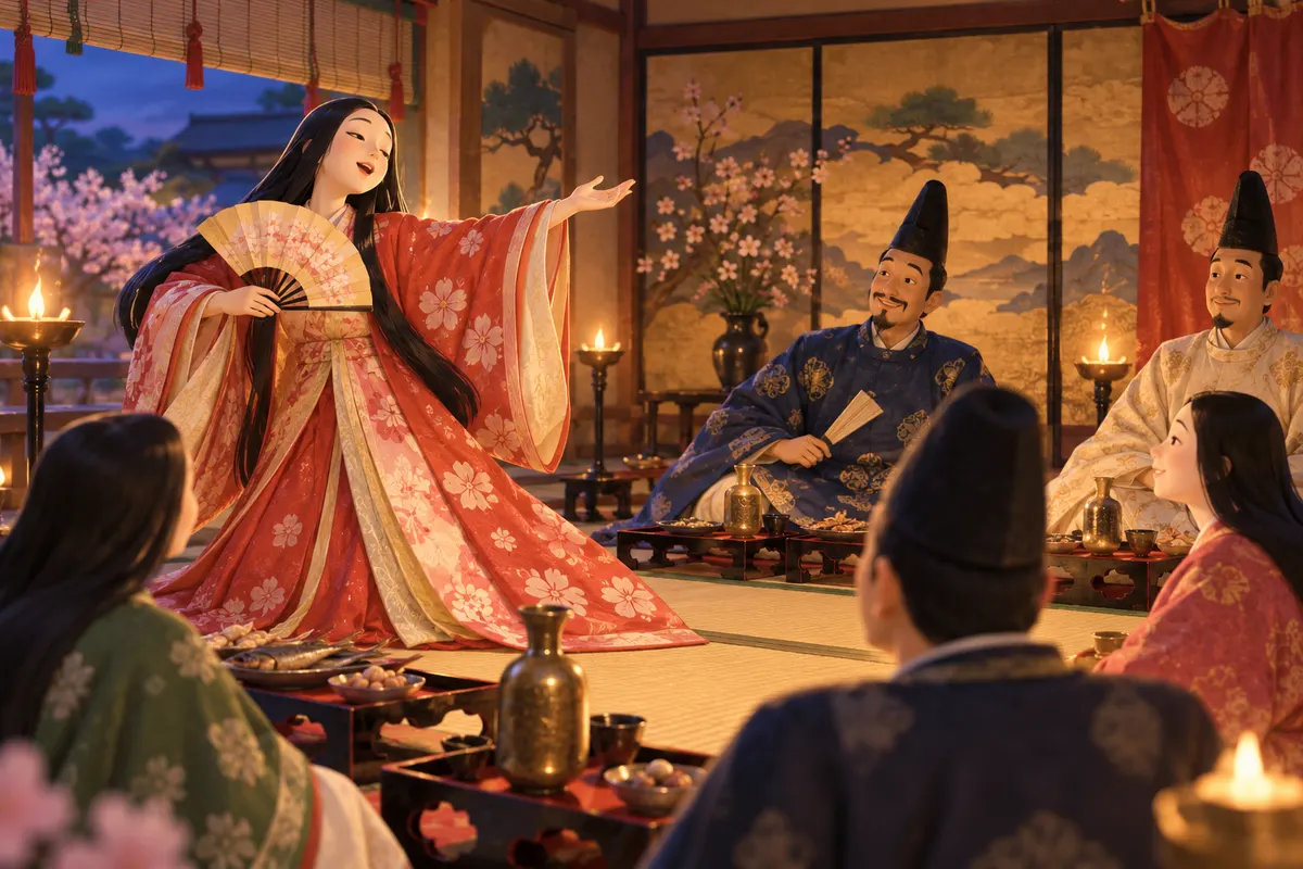 酒の席を盛り上げる歌や踊りも「さかな」と呼ばれた。『とはずがたり』（14世紀前半）に例がある（日本国語大辞典）
