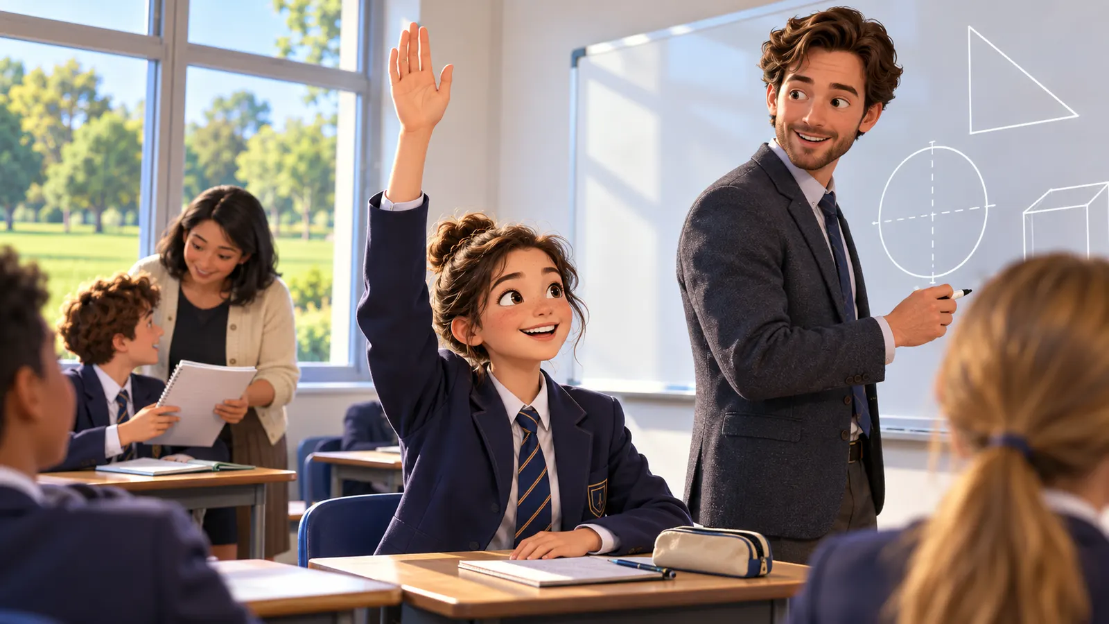 英国の学校では先生を「Teacher!」でなく、男性は Sir、女性は Miss と呼ぶ習慣がある