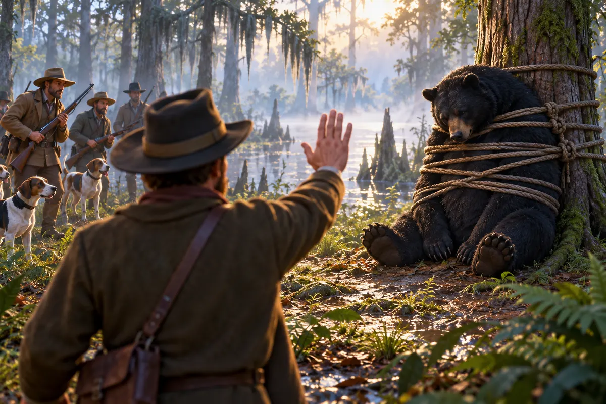 大統領が断ったのは「縛られたクマを撃つこと」。クマは同行者の手でとどめを刺された(1902年11月の新聞記事による)