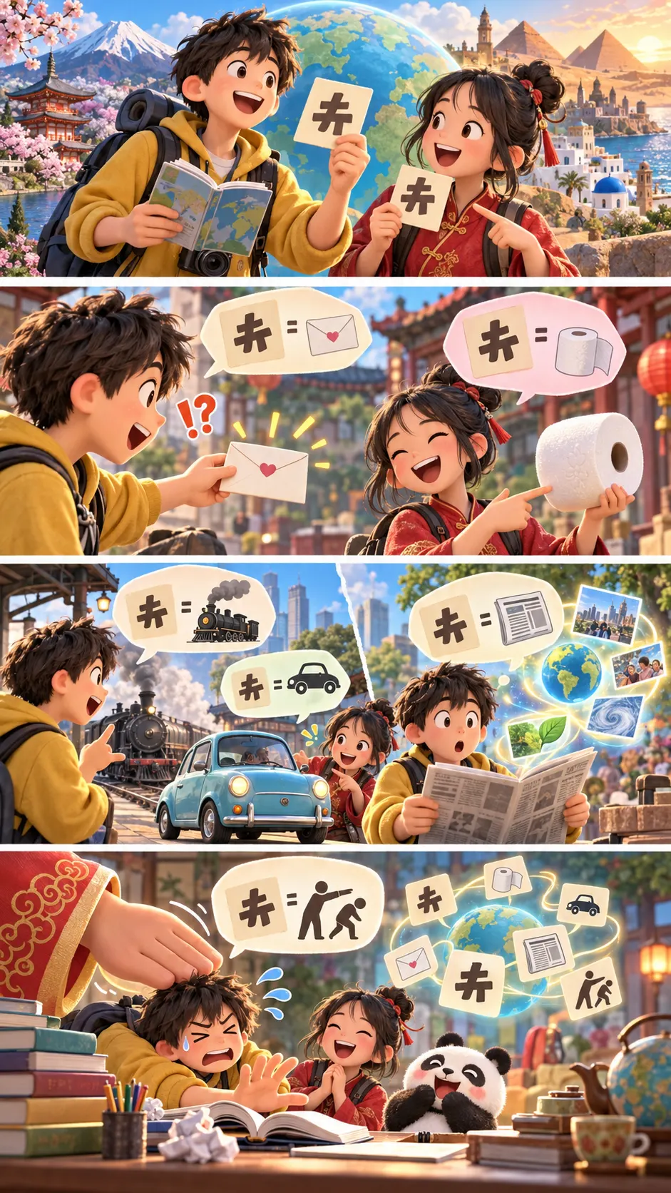 中国語の「手紙」はトイレットペーパー。「汽車」は自動車、「勉強」は“無理強い”の4コマ漫画