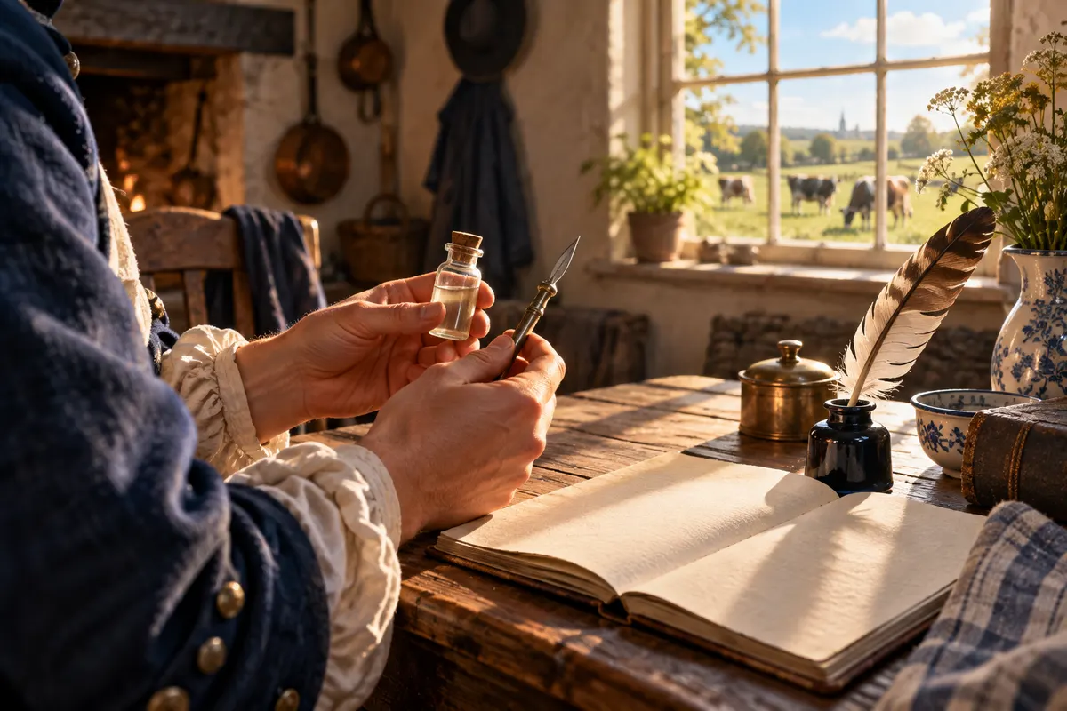 1796年、ジェンナーは乳しぼりの女性の手の牛痘を男の子に接種した(ジェンナー『牛痘の原因と効果についての研究』1798年)