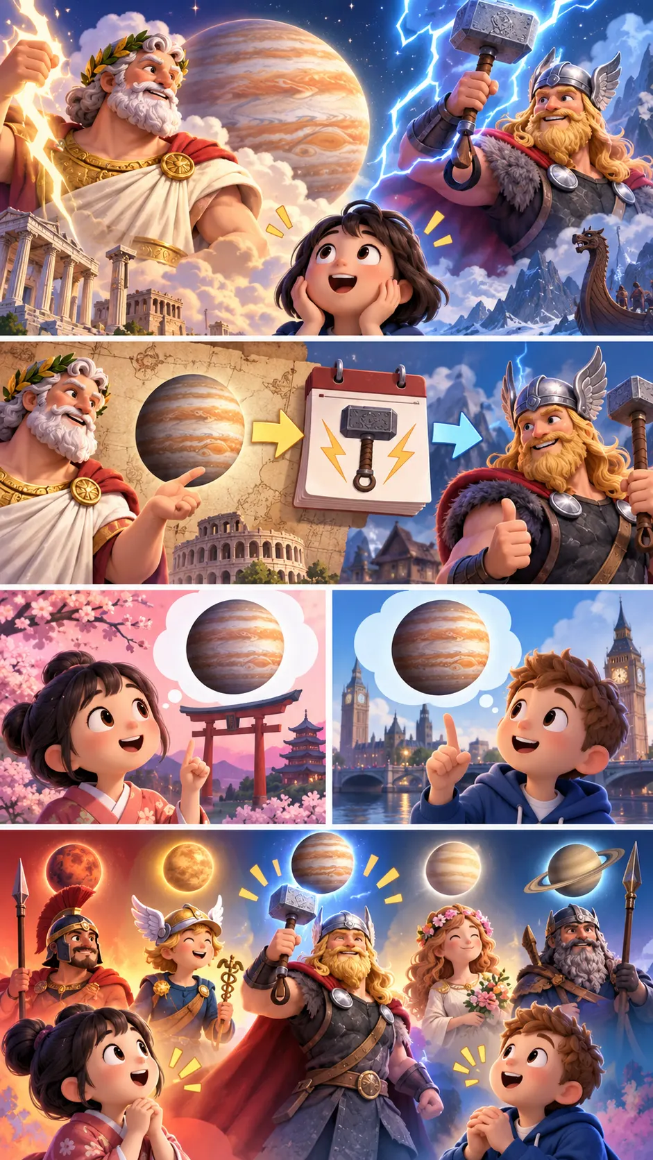 Thursday は雷神ソーの日。たどると「木曜日」と同じ木星（ジュピター）の日だったの4コマ漫画