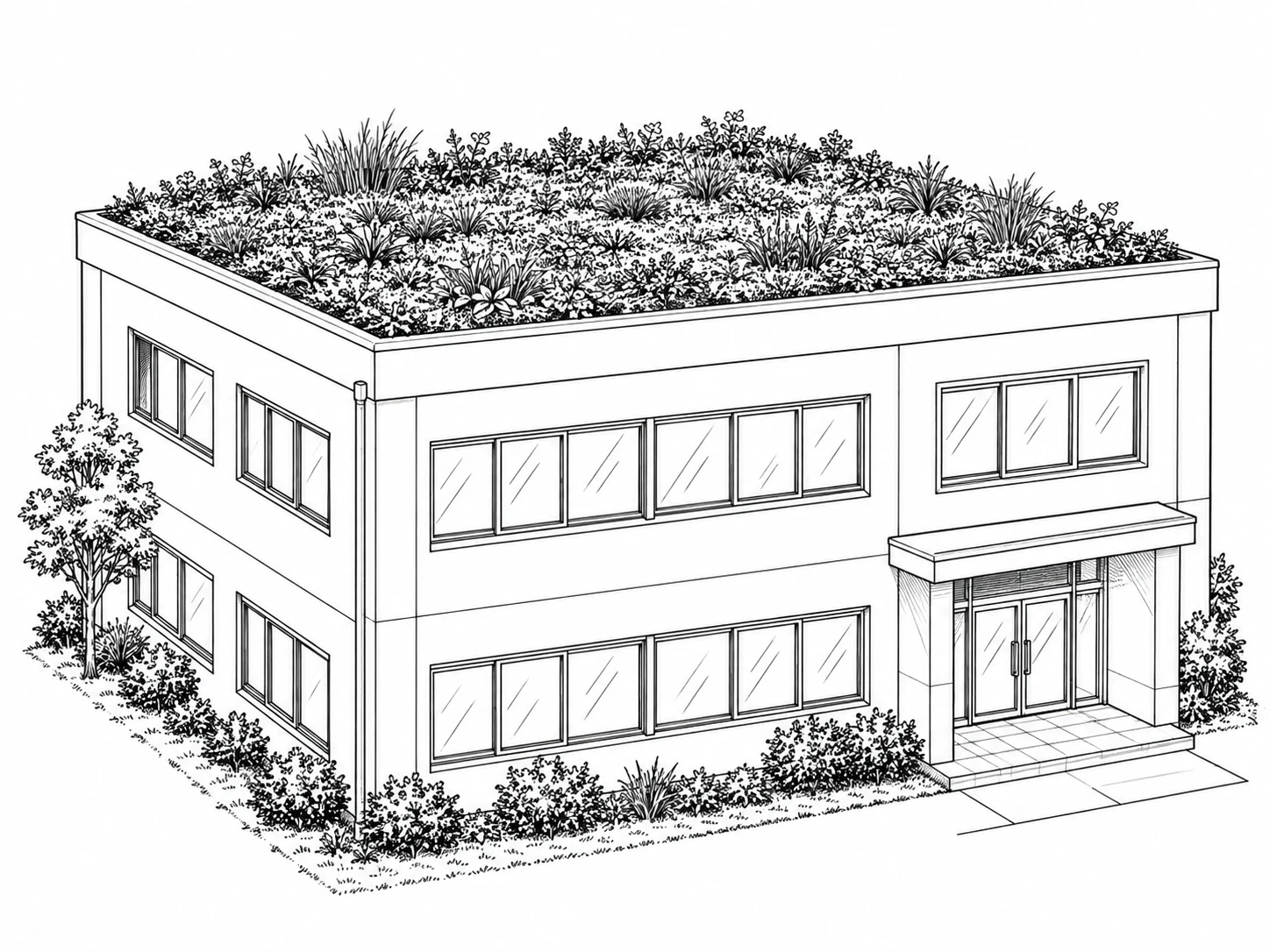 屋根が植物で覆われた建物の絵