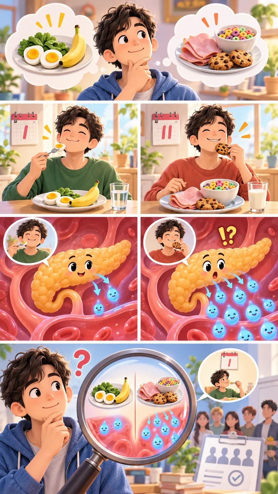 カロリーも栄養もそろえた2つの朝食。ゆで卵やバナナより、超加工食品のほうがインスリンが多く出たの4コマ漫画