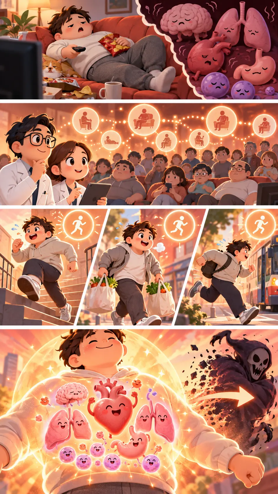運動習慣のない人でも、1日3回「1分のちょいキツ」で死亡リスクが約4割低かったの4コマ漫画