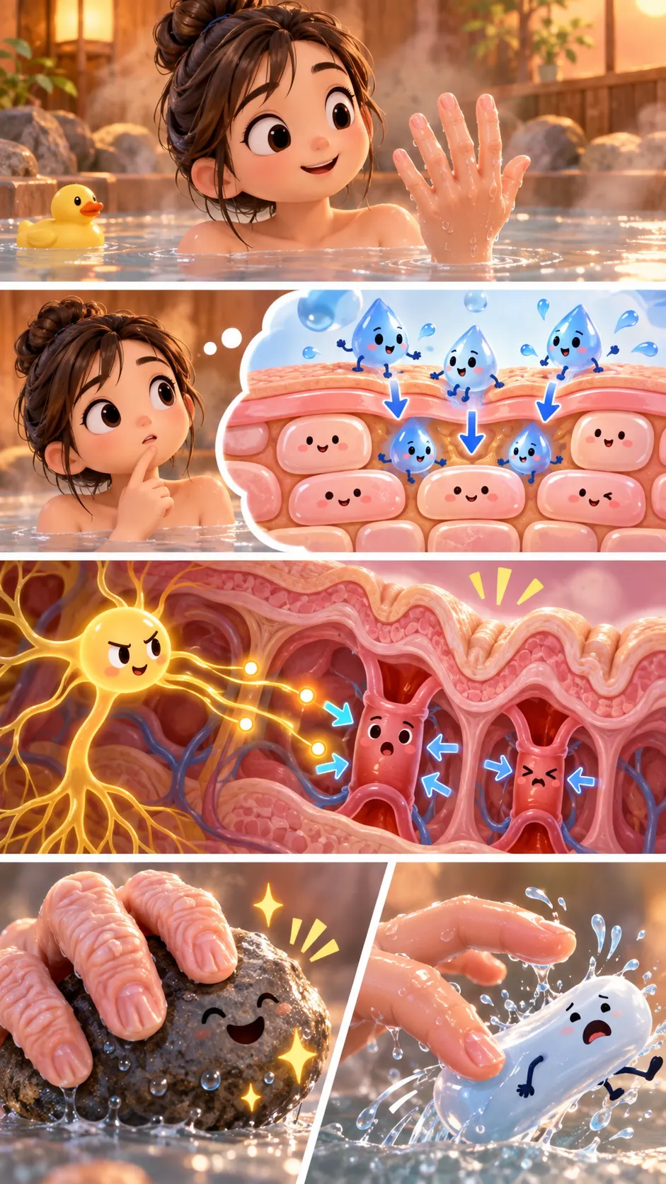 お風呂で指がシワシワになるのは「水を吸ったから」じゃなかった。神経が命令していたの4コマ漫画