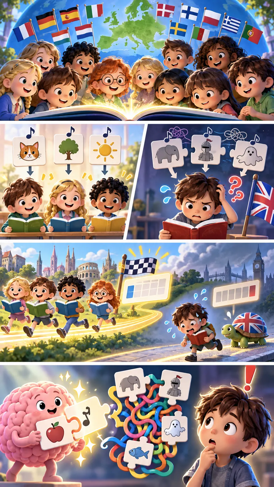英語のつづりはヨーロッパの中でも難しかった。欧州13言語の比較で英語だけ2倍以上遅れたの4コマ漫画