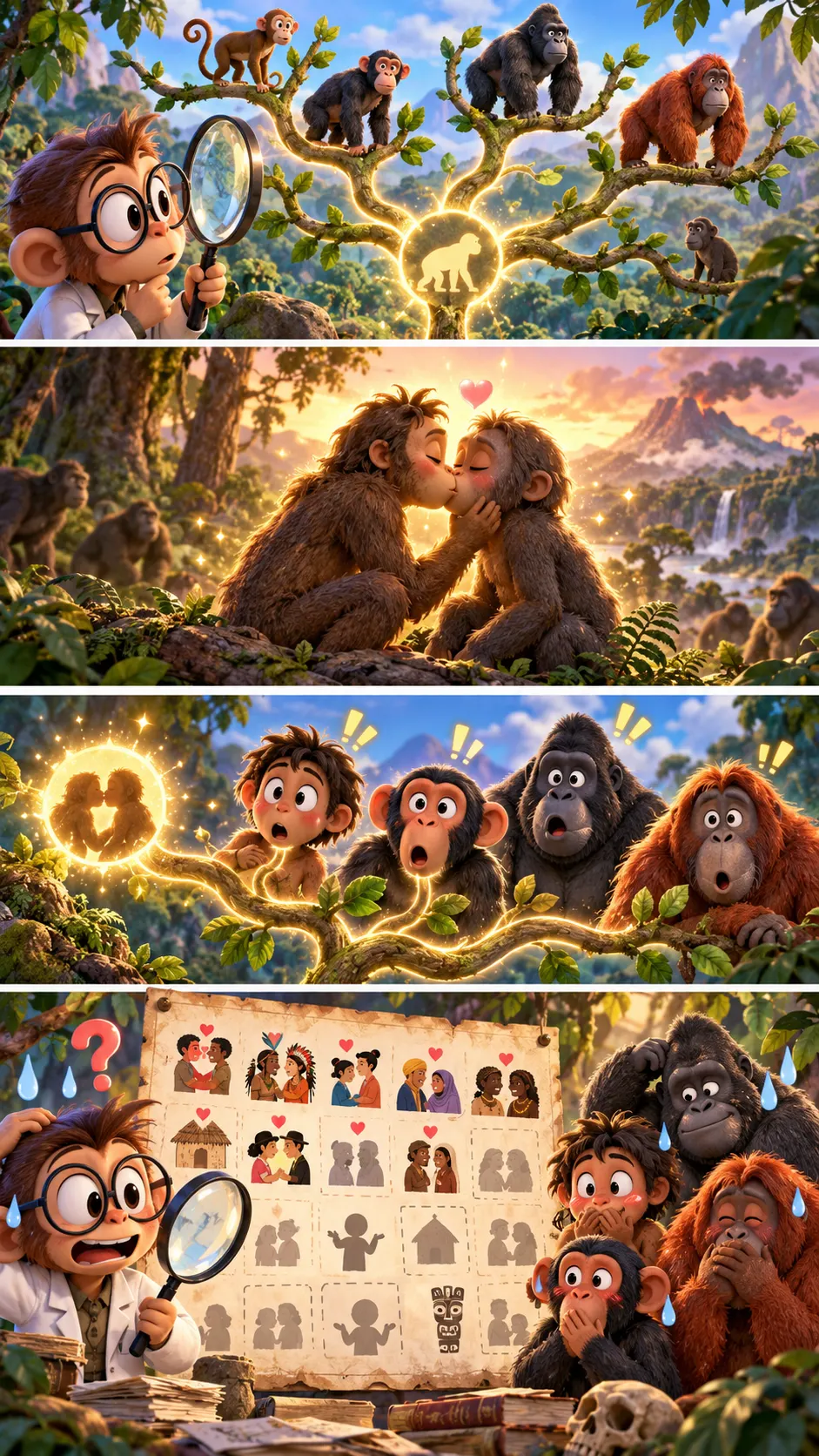 キスの歴史は「約2000万年」? ヒトとオランウータンの共通の祖先がもうしていた可能性の4コマ漫画