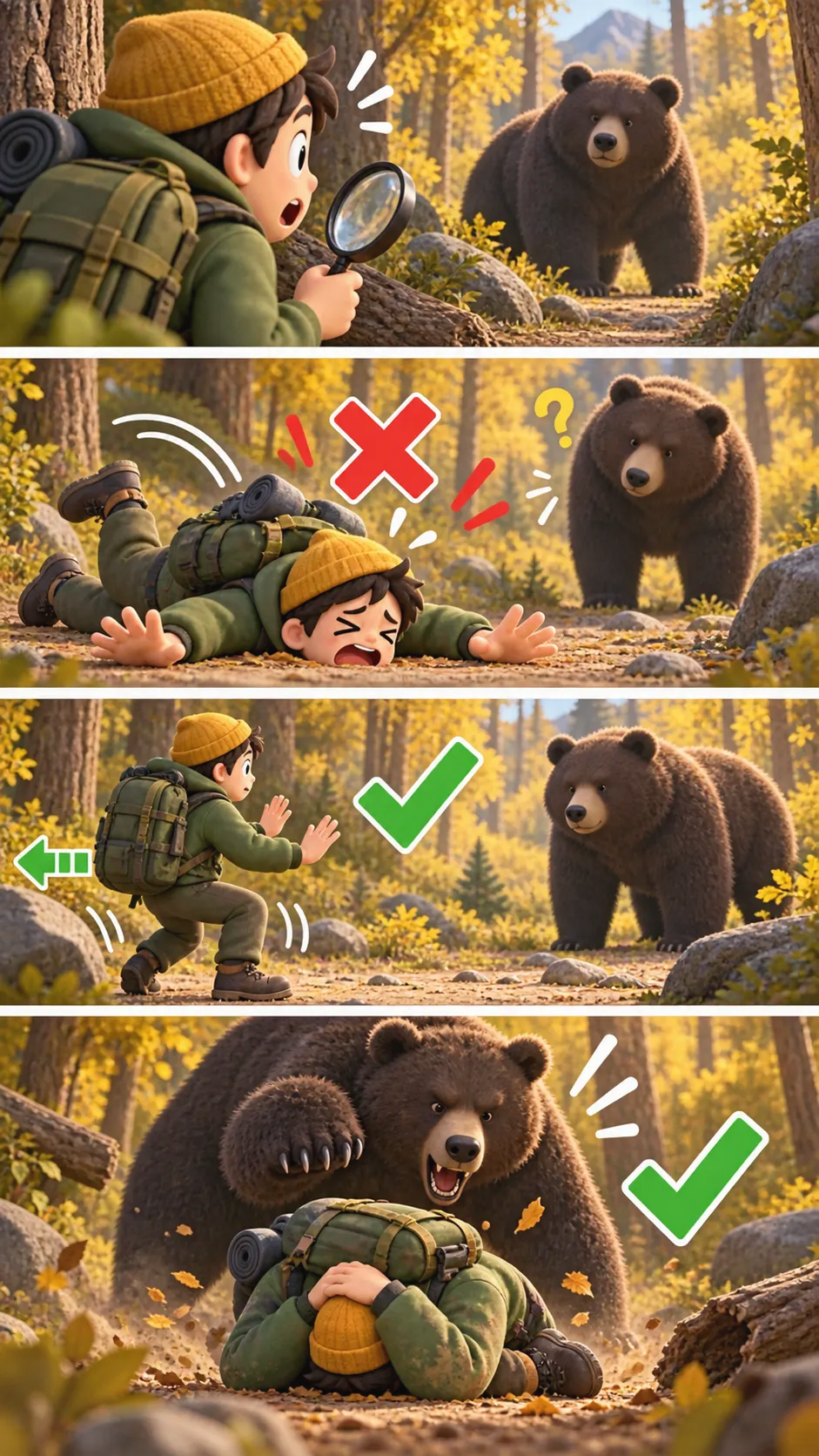 「クマに会ったら死んだふり」は半分だけ正解。"ふり"ではなく"急所を守る姿勢"だったの4コマ漫画