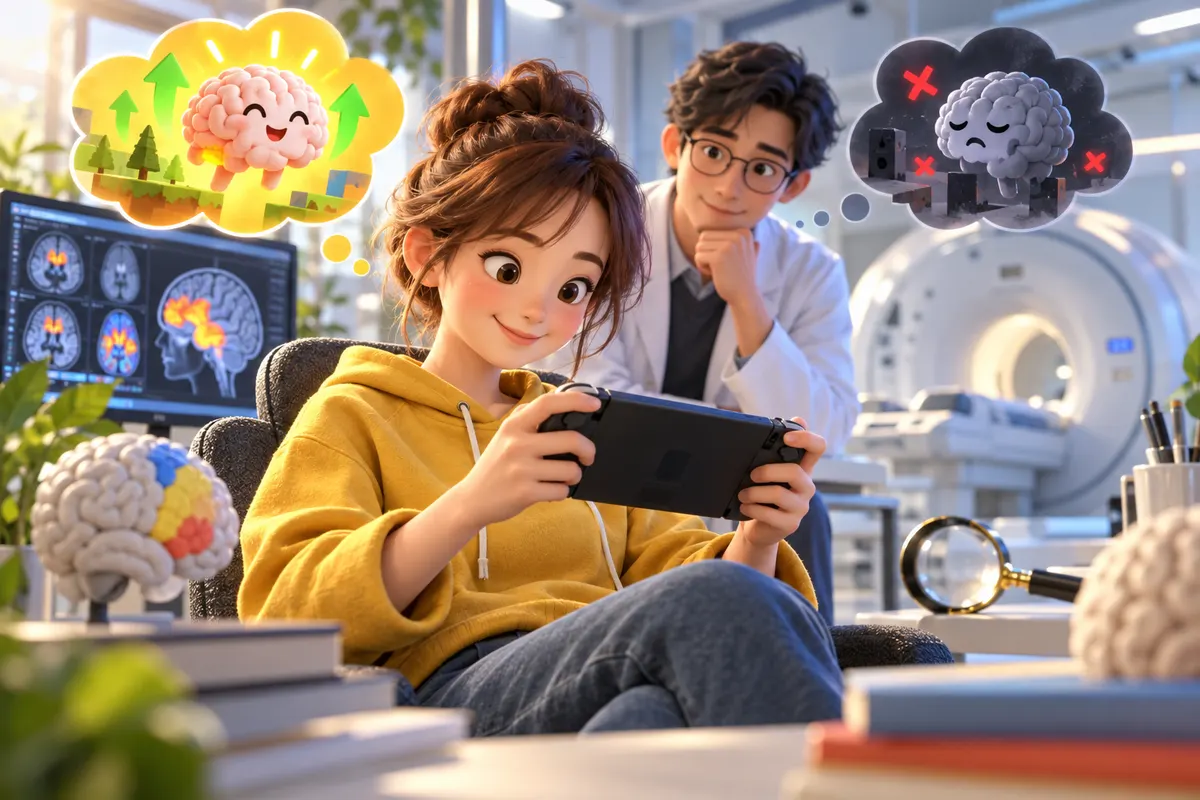 ゲームの前後で脳を撮影すると、記憶や空間に関わる部分に変化が見られた研究もある
