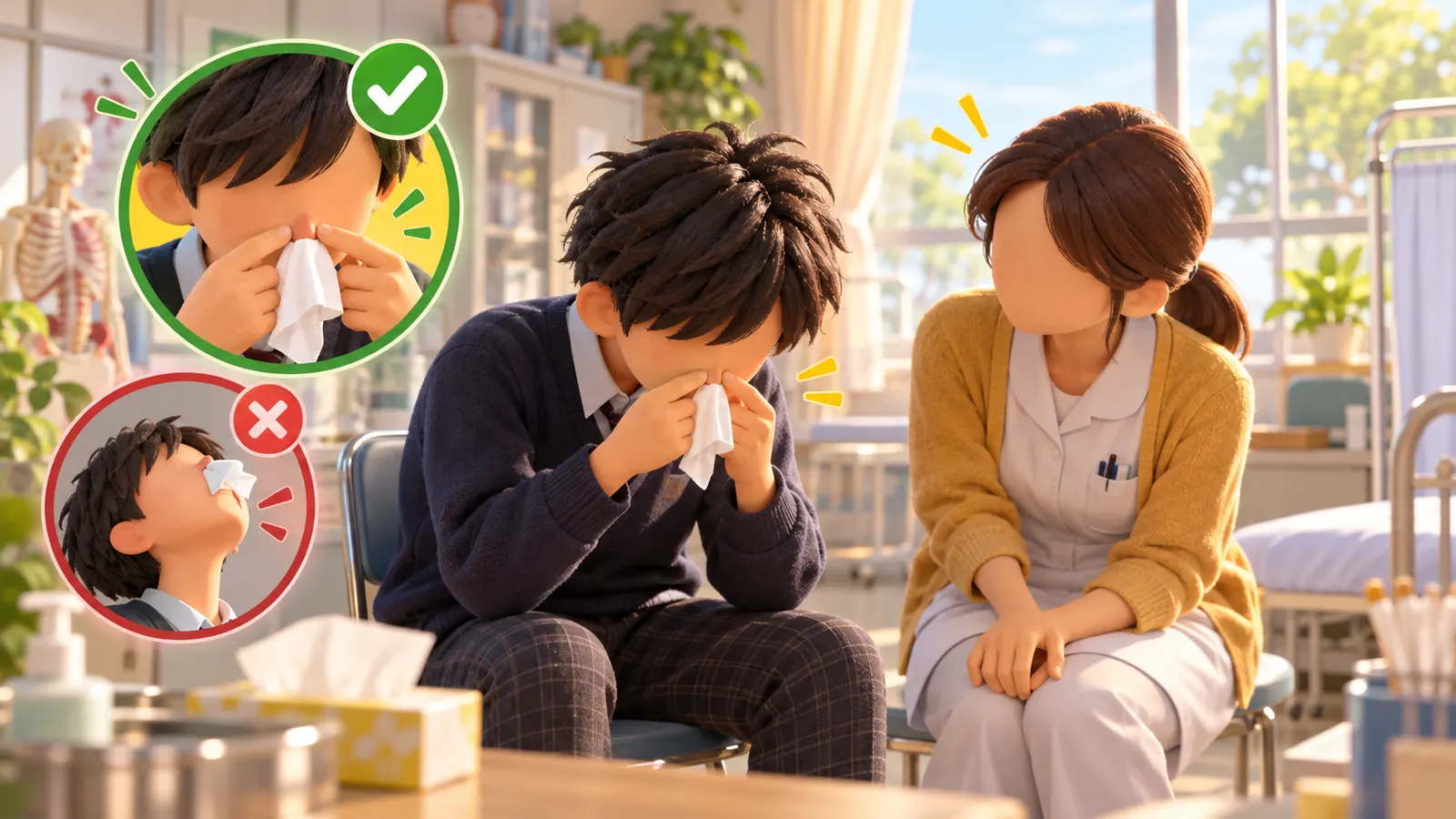 「鼻血は上を向いて首をトントン」はNG。ガイドラインの正解は"前かがみで小鼻をつまむ"