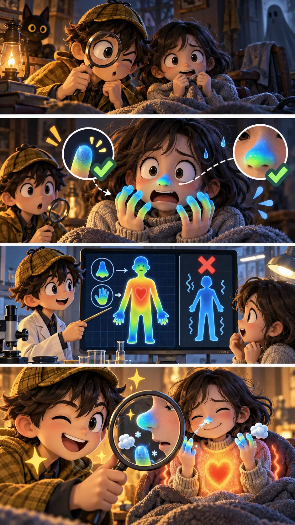 「怖い話を聞くと体温が下がる」は半分ホント。冷えていたのは"体の中"ではなく指先と鼻先だったの4コマ漫画