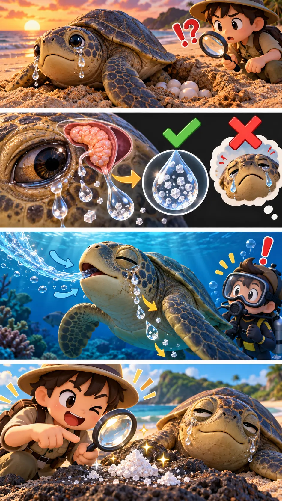 「ウミガメは産卵の痛みで泣いている」はウソ。涙の正体は海水より濃い"塩"だったの4コマ漫画