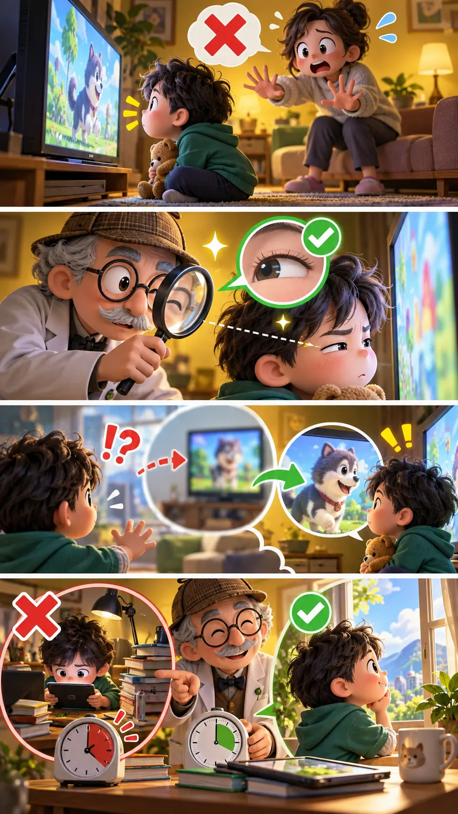 「テレビに近づくと目が悪くなる」は原因と結果が逆だった? 近くで見る子に隠れたサインの4コマ漫画