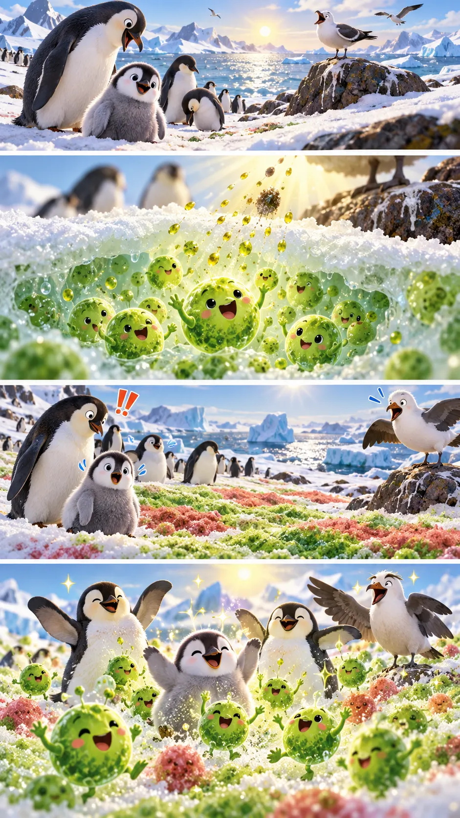 南極の雪が緑色に。雪の中の藻を、ペンギンなど海鳥のフンの栄養が育てているらしいの4コマ漫画