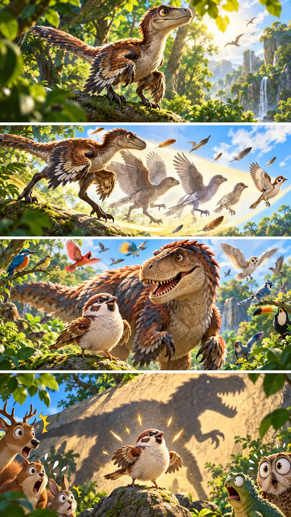 鳥は「恐竜の子孫」というより「恐竜そのもの」だった。スズメもティラノの親戚の4コマ漫画