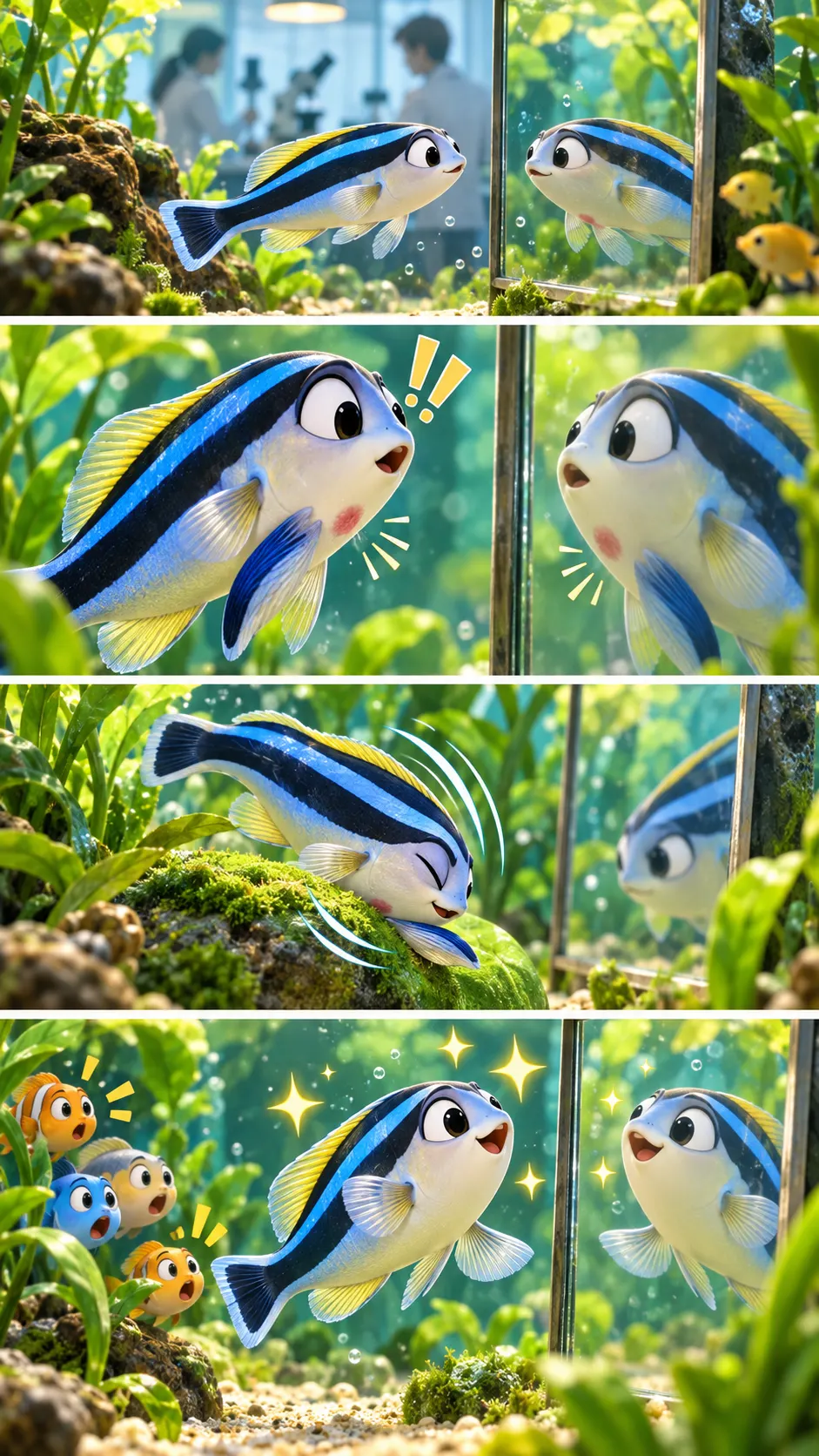 鏡を見て「自分のノドの汚れ」を落とす魚がいた。ホンソメワケベラと鏡像認知の大発見の4コマ漫画