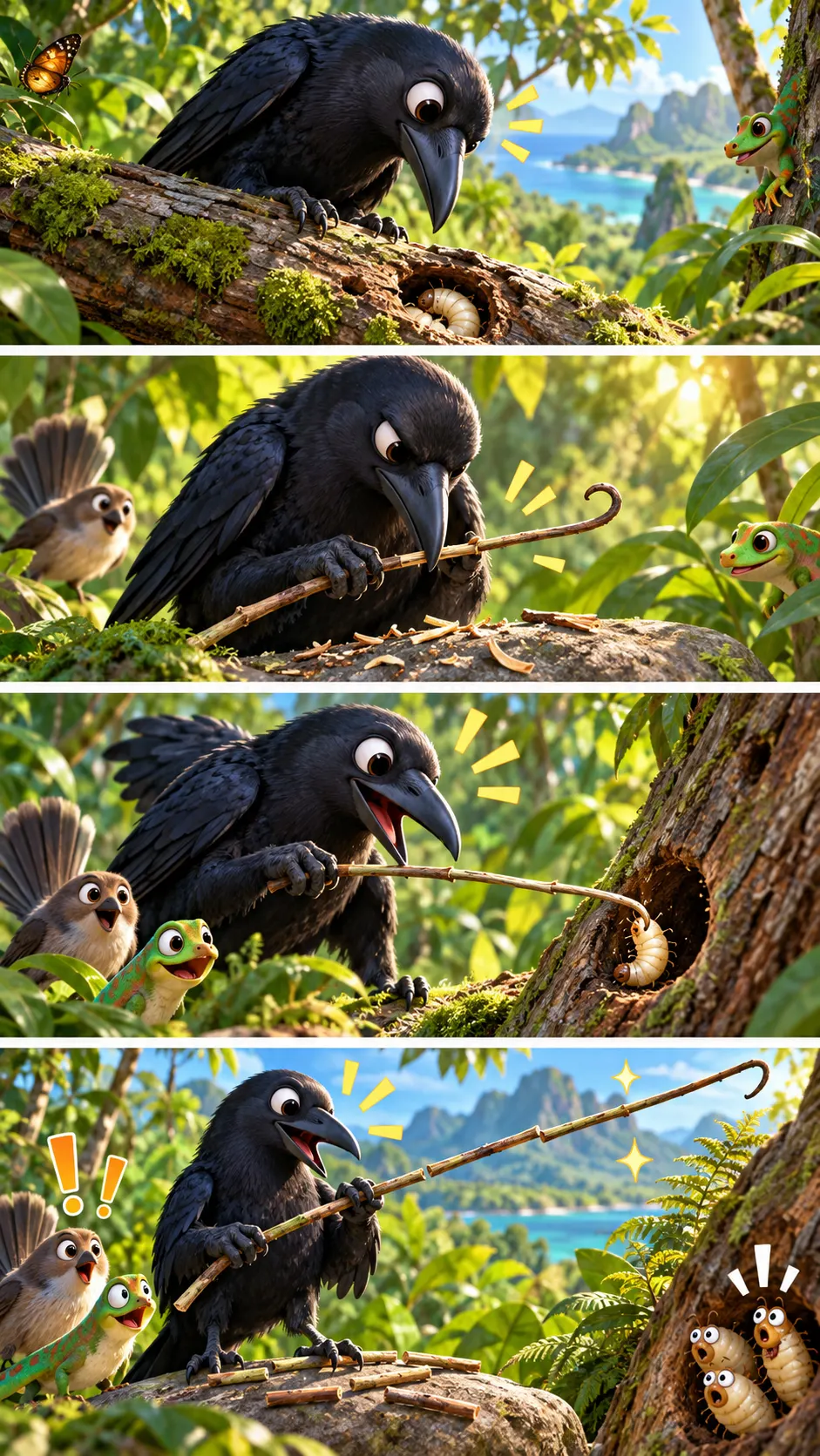 カラスが「釣り針」を作り、部品を組み立てる。ニューカレドニアの道具職人、カレドニアガラスの4コマ漫画