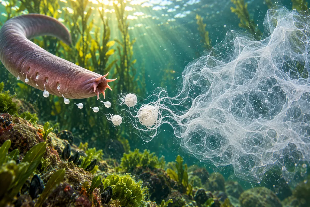 毛糸玉のように巻かれた糸が海水中でほどけ、一瞬で大きなあみになる。