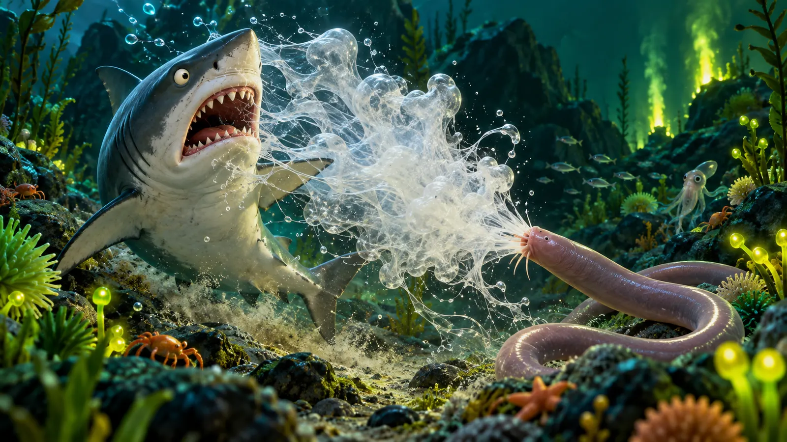 ヌタウナギは一瞬で大量の「ネバネバ」を作る。サメの口をふさぐ粘液は、ほぼ海水だった