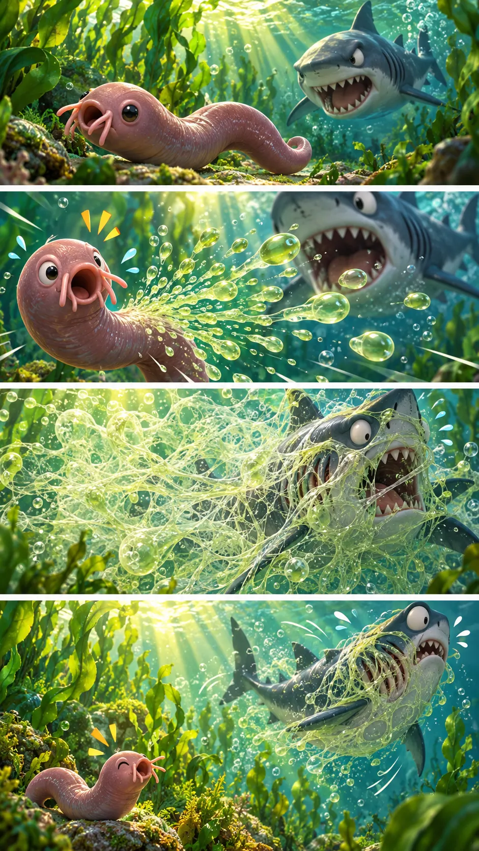 ヌタウナギは一瞬で大量の「ネバネバ」を作る。サメの口をふさぐ粘液は、ほぼ海水だったの4コマ漫画