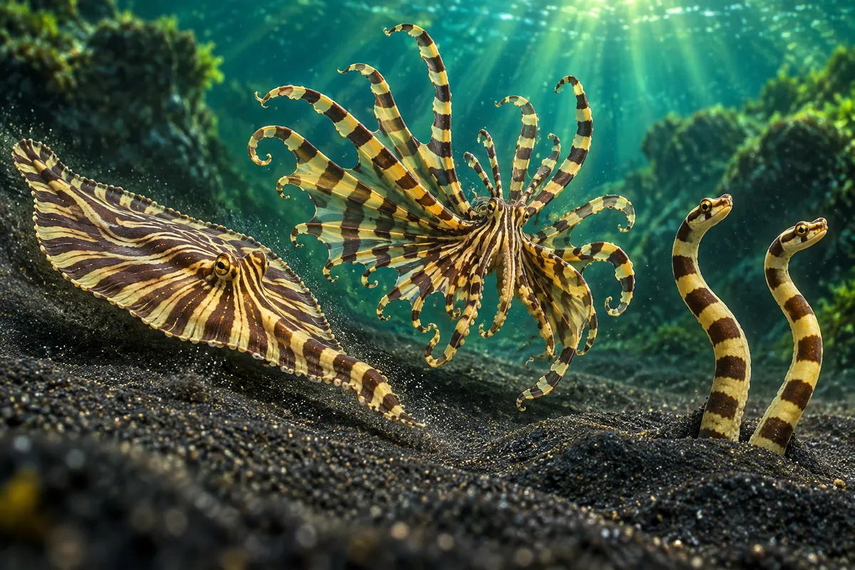 同じタコが、形と動きを変えて別の生き物のように見せる。