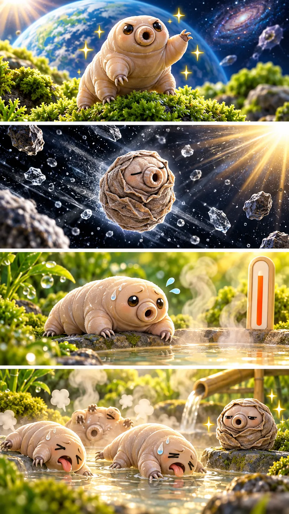 宇宙でも生き延びた最強生物クマムシ、実は「お風呂の温度」に弱かったの4コマ漫画