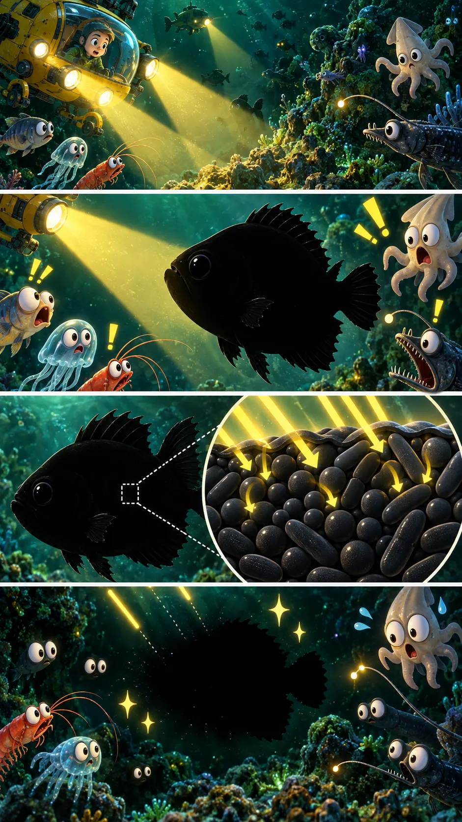 光の99.5%以上を吸い込む「超黒い魚」が深海にいた。見えなくなる黒は色素の“並べ方”だったの4コマ漫画