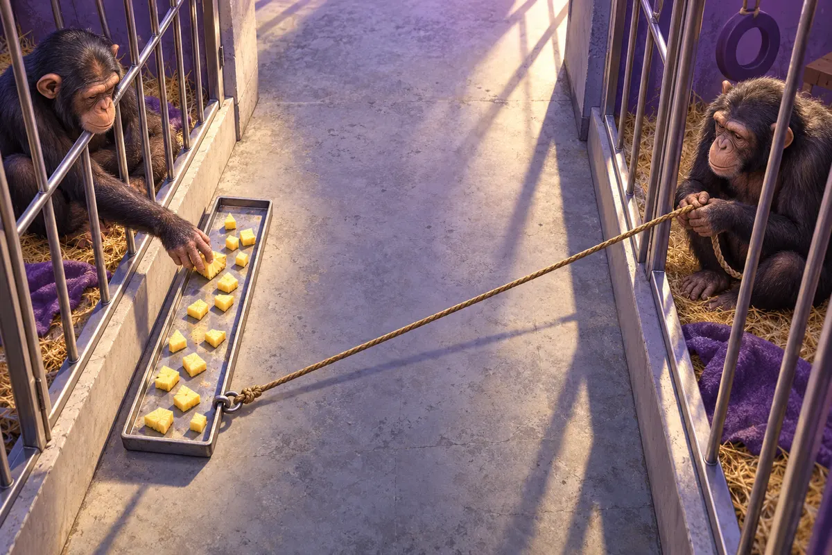 実験のしくみ。ひもを引くと、パイナップルののったトレイが向こうの部屋へ動く。通路があるので、取られた側は取り返せない(イメージ)
