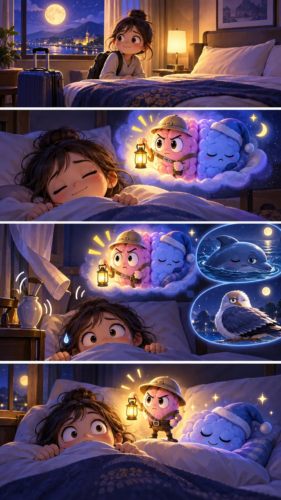 旅先で眠れないのは、脳の左半分が「見張り番」をしているからだったの4コマ漫画