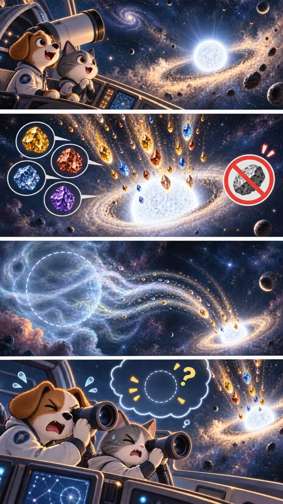 燃えつきた星に、鉄の見つからない不思議な材料が降っていた。星が死にぎわに生んだ惑星から?の4コマ漫画