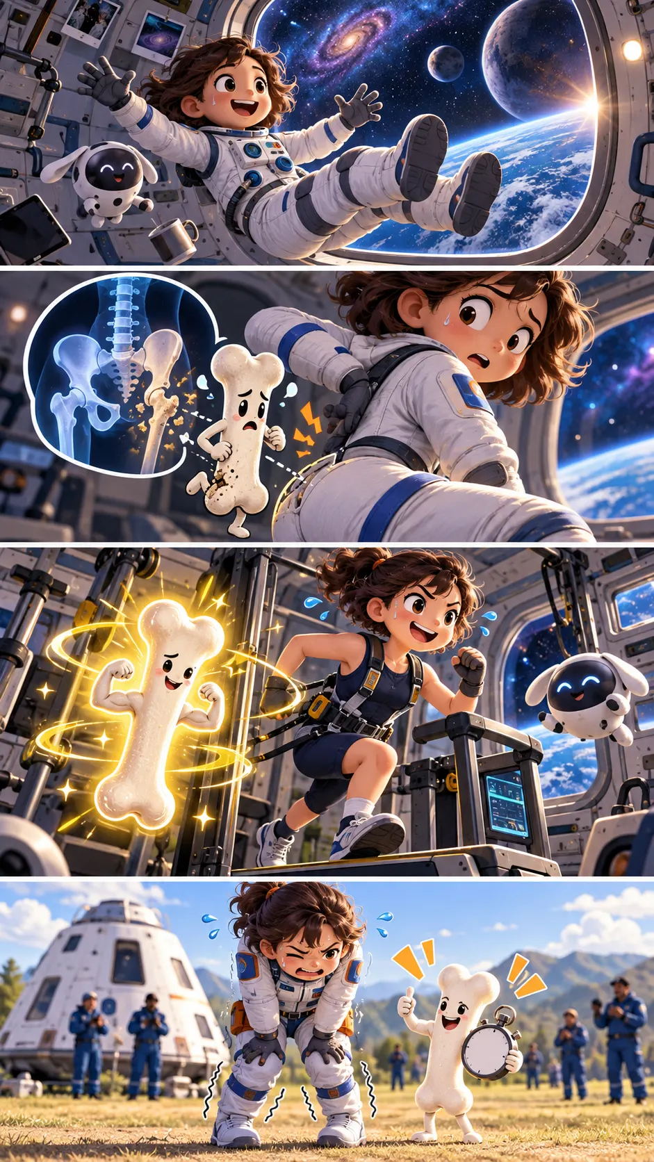宇宙では腰や股関節の骨が1か月に約1〜1.5%ずつ減っていく。宇宙飛行士が毎日2時間も運動するワケの4コマ漫画