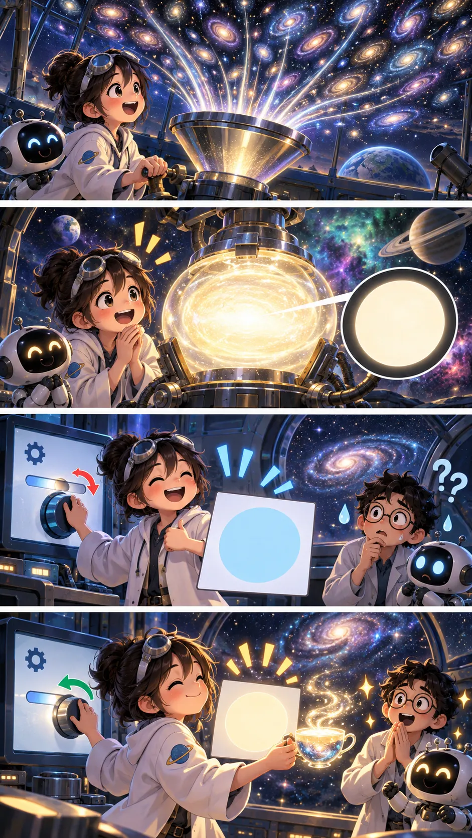 宇宙を全部まぜると何色？答えは「コズミック・ラテ」。最初は水色と発表されていたの4コマ漫画