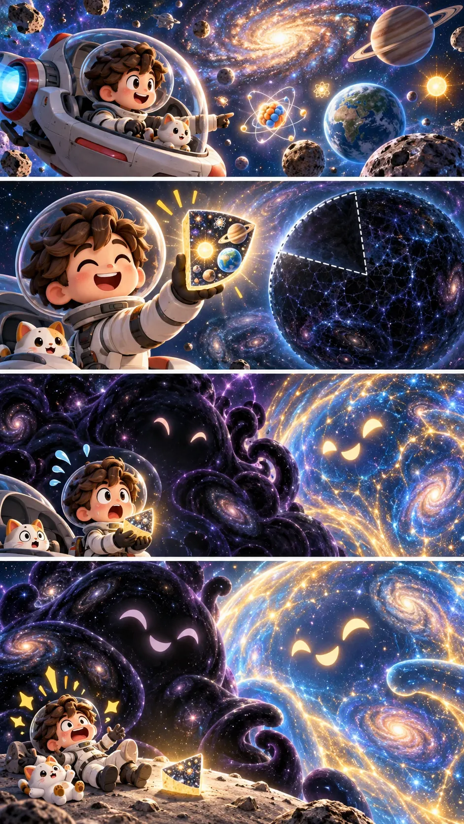 宇宙の95%は“正体不明”。私たちが知っている物質は、たった5%しかなかったの4コマ漫画