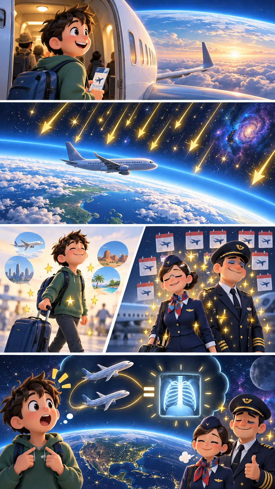 飛行機に乗るたび、宇宙から放射線を浴びていた。アメリカ横断2回で胸のX線1回分の4コマ漫画