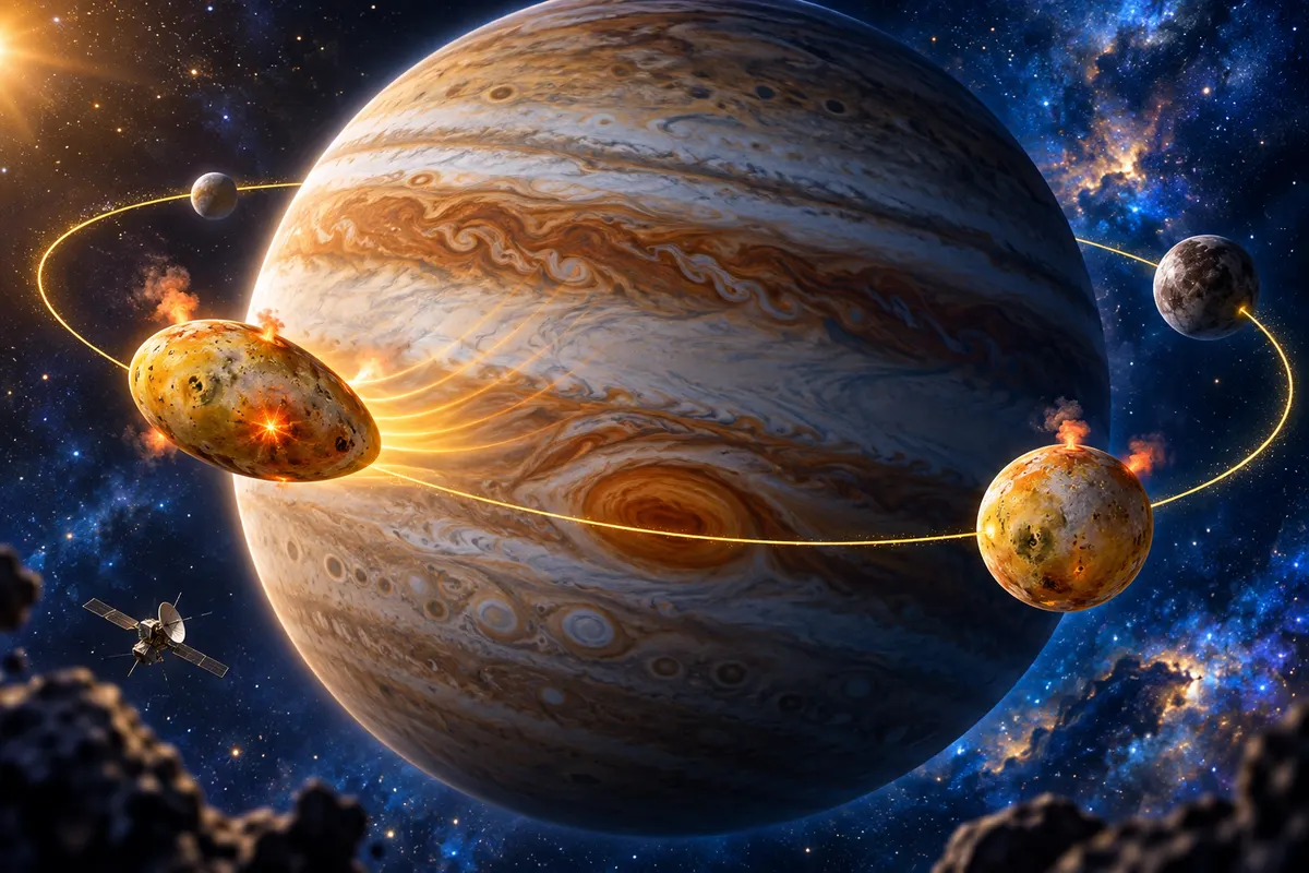 木星に引っぱられ、隣の衛星にゆさぶられて、イオはもまれ続けている