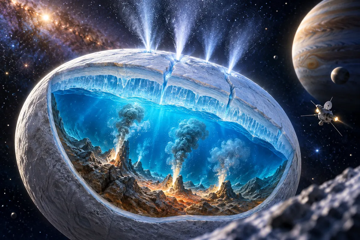 氷の下の海、海底の熱水、そして宇宙へ噴き出す水(イメージ)