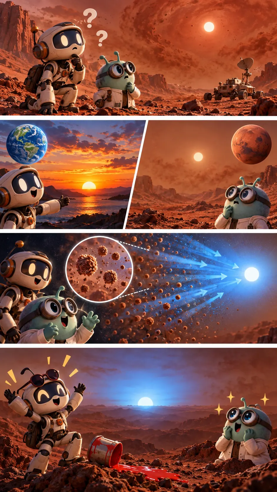 赤い惑星なのに、火星の夕焼けは青い。地球と“逆”になる空のしくみの4コマ漫画