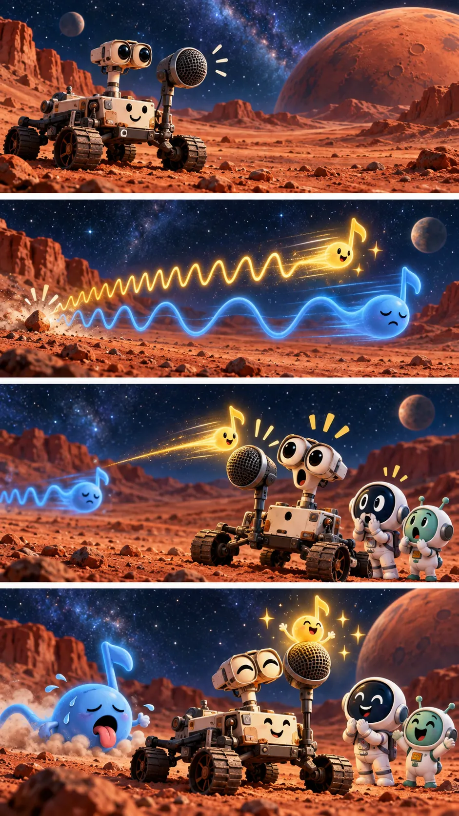 火星では「高い音」が先に届く。音の速さが2つある星を、探査車のマイクが初めて実測の4コマ漫画