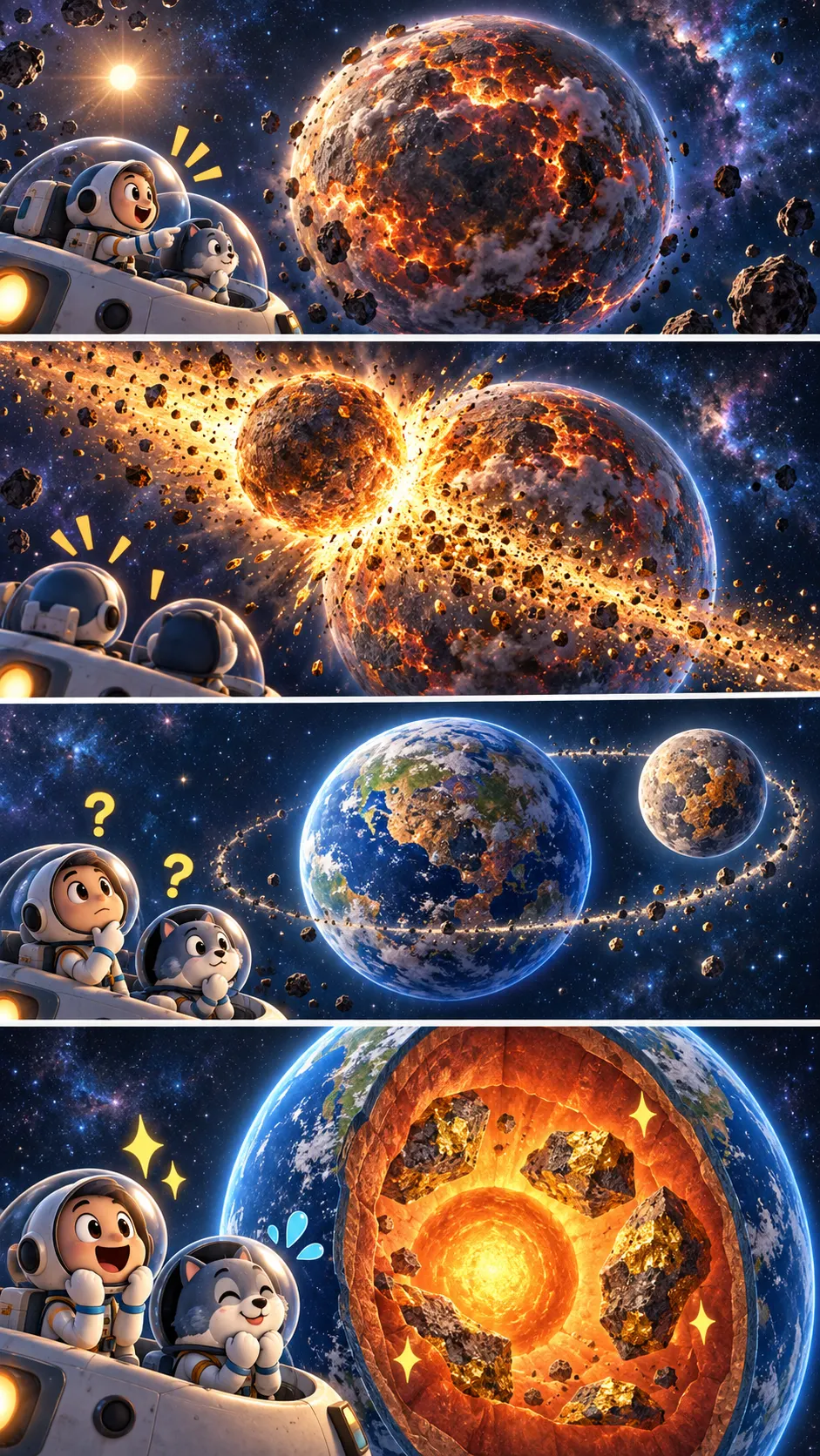月はどうやってできた? 地球に天体が激突した説が有力。そのかけらは今も地球の奥に眠る?の4コマ漫画