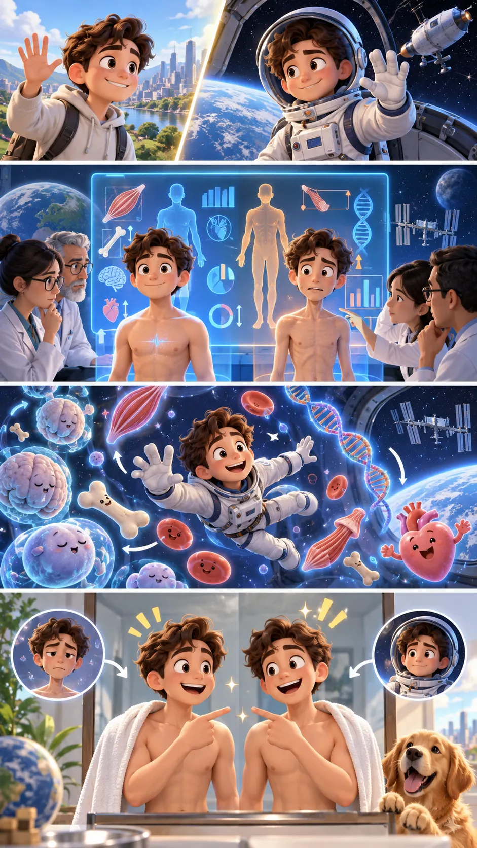 一卵性双子の片方を宇宙に1年。NASAが本気で比べたら体に何が起きた?の4コマ漫画