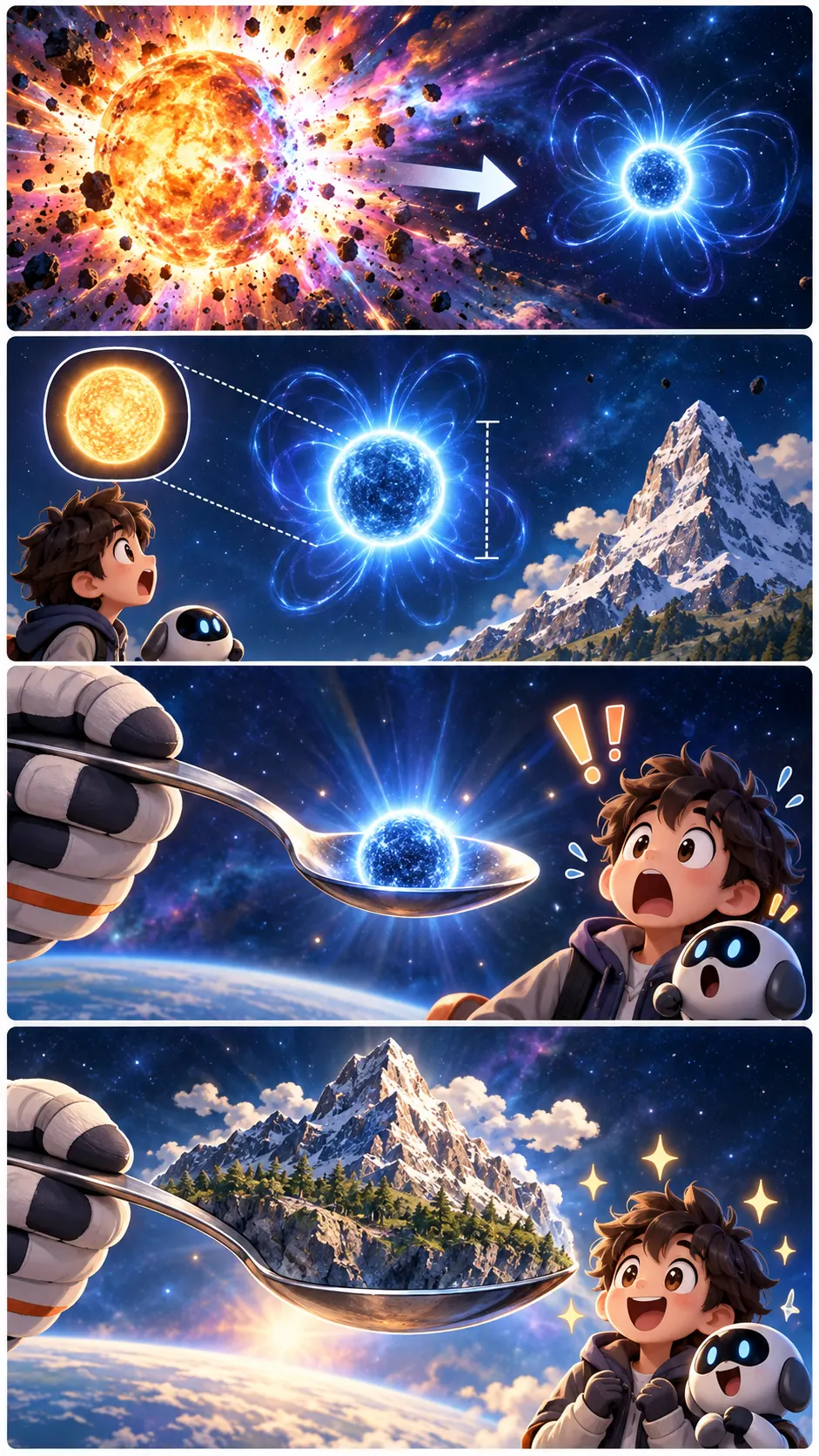 中性子星はスプーン1杯で「10億トン」。山ひとつ分の重さがティースプーンにの4コマ漫画