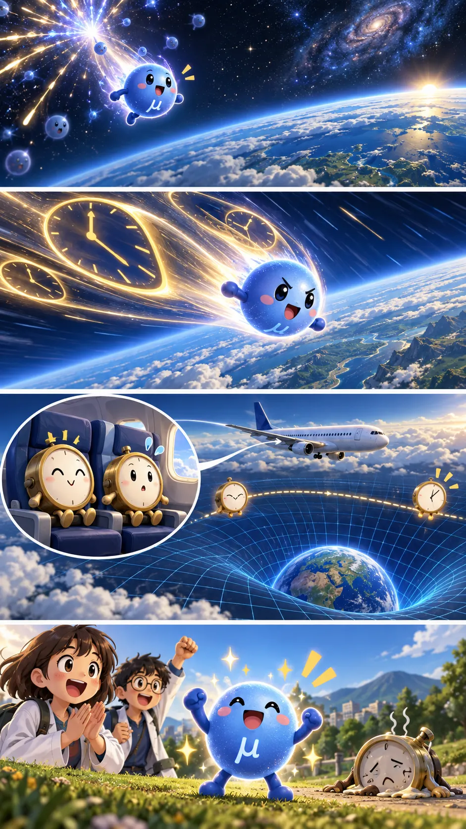 相対性理論をわかりやすく。宇宙から降る粒子が地上に届くのは「時間が遅れる」おかげだったの4コマ漫画