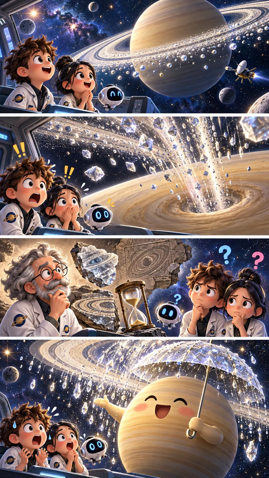 土星の輪はいつか消える?「輪の雨」が降り続けている、という観測の4コマ漫画