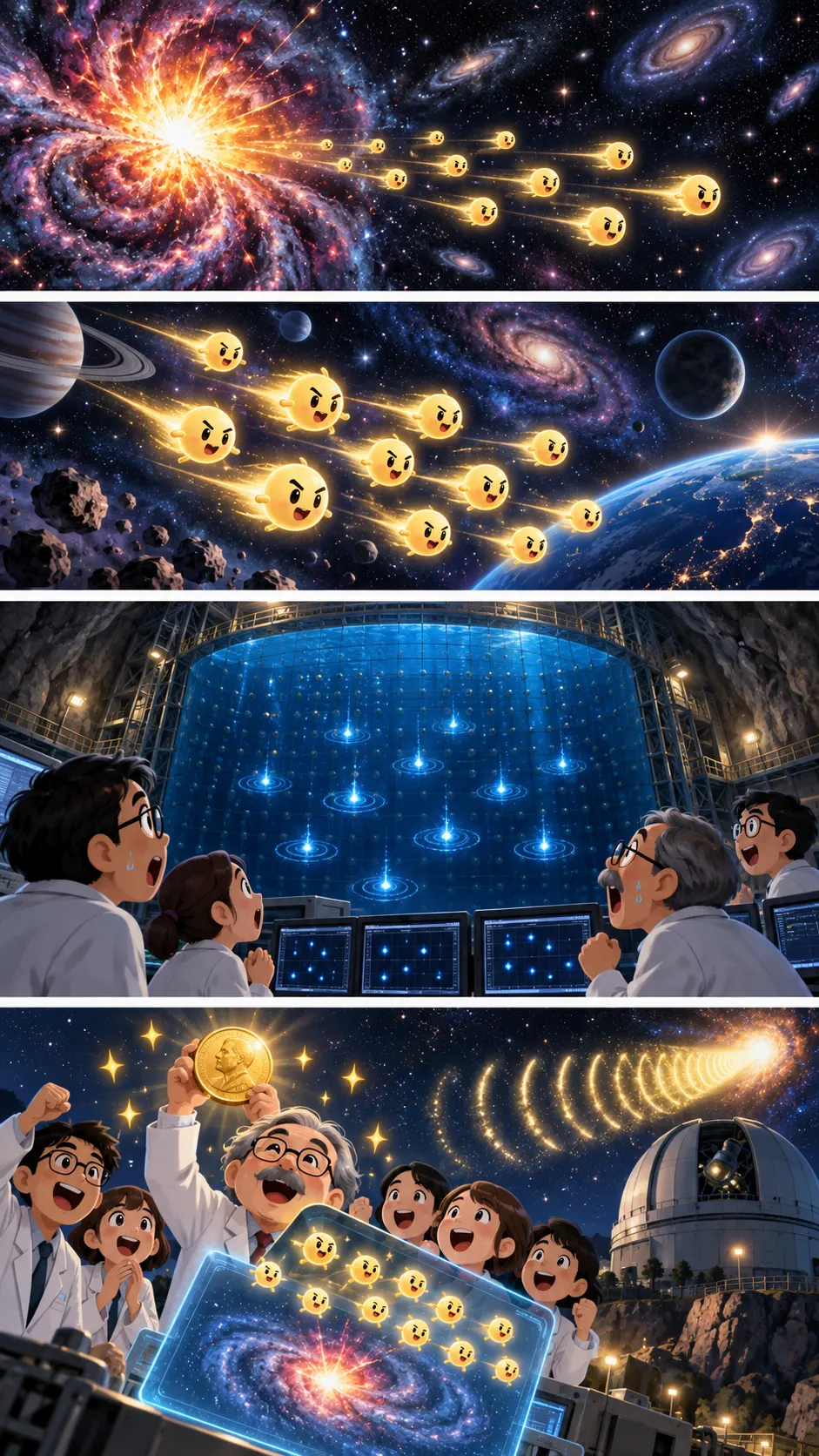 16万光年先の星の爆発を、岐阜の地下でとらえた。カミオカンデの「13秒間の11個」の4コマ漫画