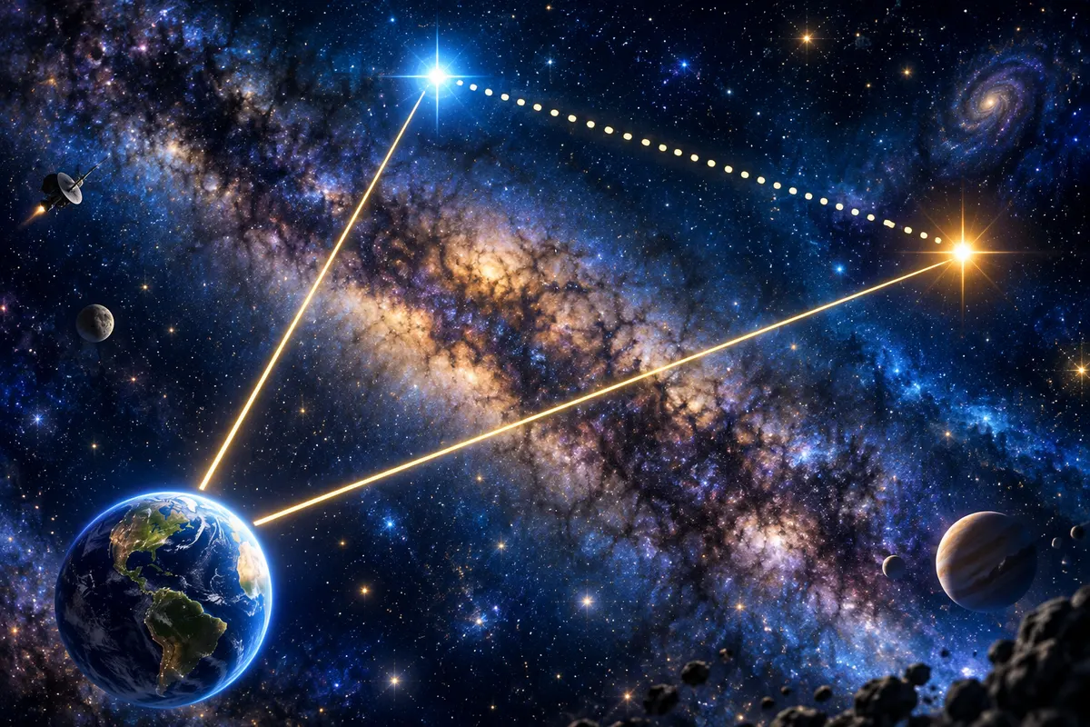 地球からの距離と見かけの角度から、2つの星のあいだの距離がわかる