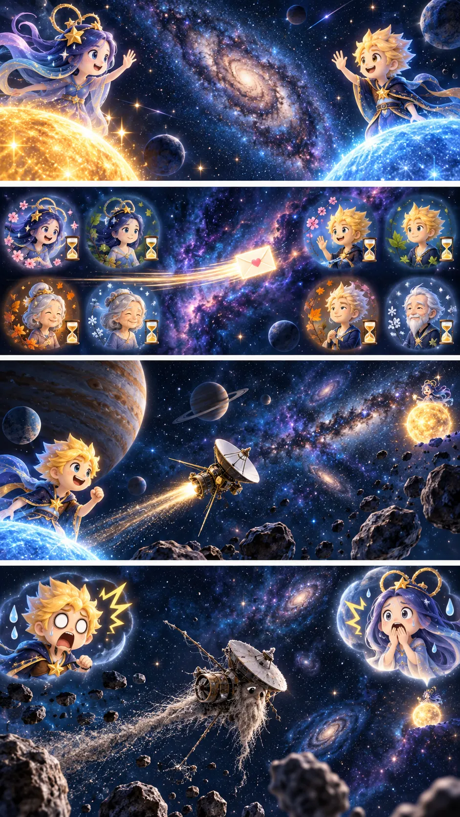 織姫と彦星は約15光年はなれている。ボイジャーの速さで会いに行くと25万年の4コマ漫画