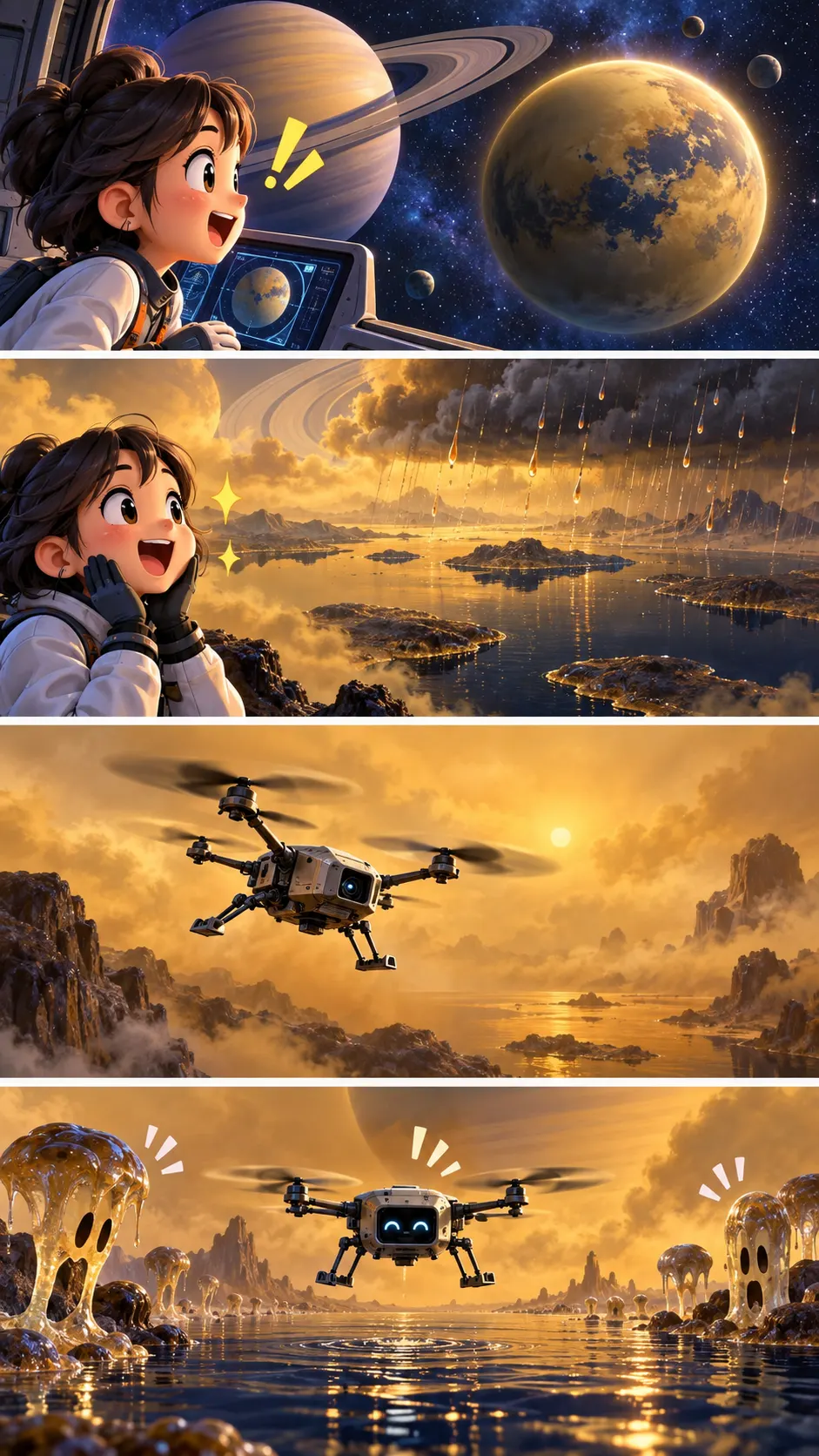 土星の月タイタンには「メタンの海」と雨がある。2034年、ドローンが飛びに行くの4コマ漫画